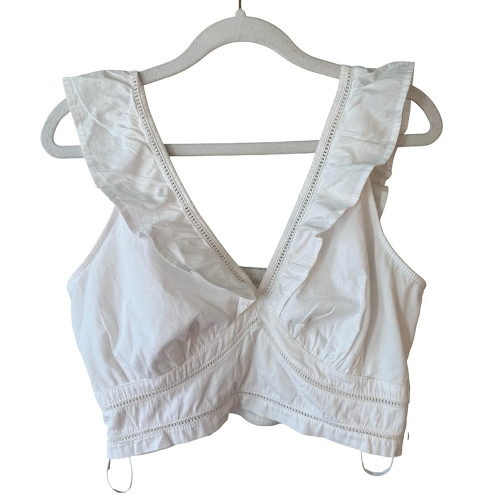 Japna White Ruffled V-Neck Crop Top Size L Boho Cottagecore Festival Cotton